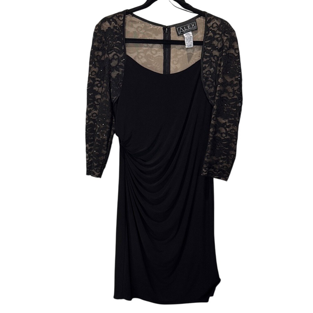 Alex Evenings Black Lace Bodice Ruched‎ Cocktail Party Dress